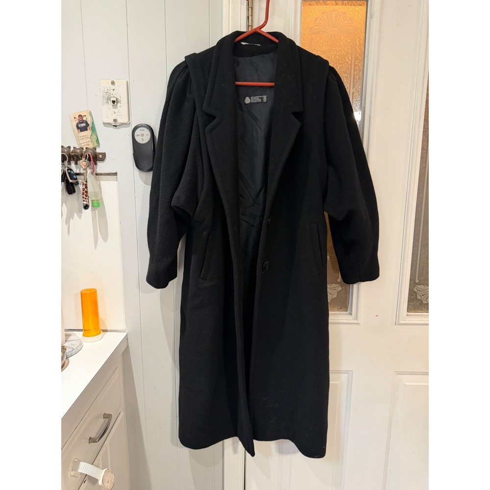 Vintage Fragos Black Pure New Wool Long Coat Pleated Puff Shoulder EU 44 L